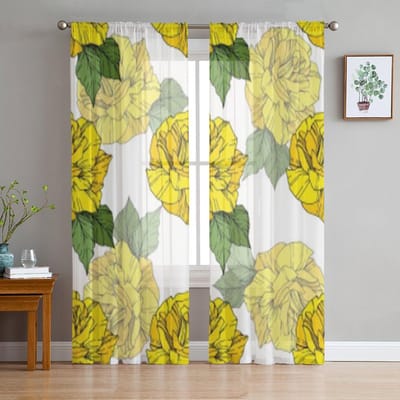 Geelkleurige Gegraveerde Inktkunst Transparante Gordijnen voor Woonkamer Transparant Tule Raamgordijn Slaapkamer Keuken Decoratie Sluier Gordijnen 135W x 114H(cm) yellow