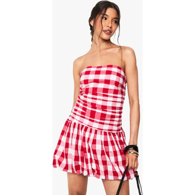 boohoo Dames Gingham Puffball Bandeau Mini Jurk | Rood | Maat: 36