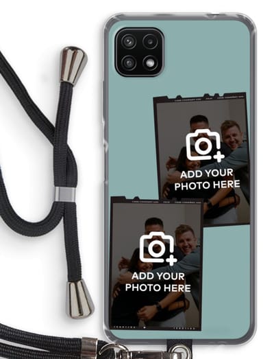 Gepersonaliseerd - Case Company® - Hoesje met koord geschikt voor Samsung Galaxy A22 5G hoesje met Koord - Polaroid Zwart - Telefoonhoesje met Zwart Koord - Bescherming aan alle Kanten en Over de Schermrand