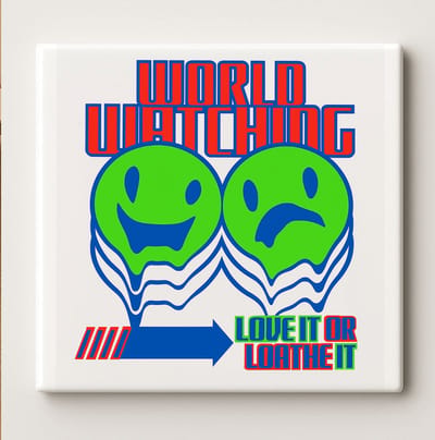 Vrolijke “World Watching” Quote Tegel – Trendy Smiley Kunstdecoratie | 15×15 cm Keramische Wandtegel