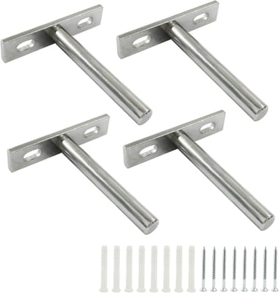 4 stuks - verborgen zwevende plankbeugels - 3 inch - zilver - planken - zwevende plankondersteuningsbeugels - staal - muurbevestiging - schroeven en pluggen inbegrepen - T-beugels voor planken - voor zwevende houten planken - zilver - 76 mm