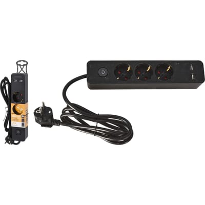 FX tools Stekkerdoos 3-voudig en 2x USB - met randaarde en schakelaar - zwart - snoer van 140 cm - stekkerdozen - verlengsnoeren/verlengkabels