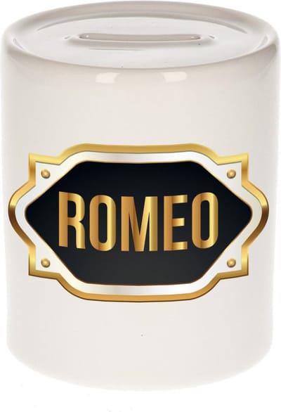 Spaarpot met voornaam Romeo - wit - met goud/zwart embleem - 8 x 9 cm - keramiek - met afsluitdop - cadeau verjaardag
