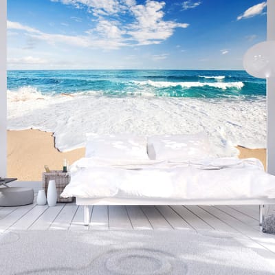 98cm X 70cm - Zelfklevend fotobehang -  Wandeling bij de Zee  , Premium Print