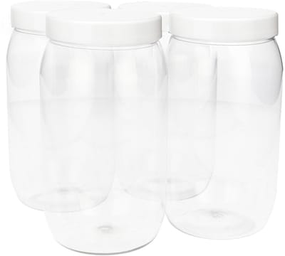 4 x Ronde Pot 1000ml PET Kunststof - Transparant met Schroefdeksel wit - PET Kunststof BPA-vrij - Plastic Verzamel potten Navulbaar - Met Dop - Lege Potten - 4 stuks