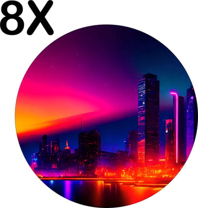 Luxe Ronde Placemat - Stad aan het Water in Neon Kleuren - Set van 8 Placemats - 50x50 cm - 2 mm dik Vinyl - Anti Slip - Afneembaar