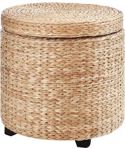 Opbergkruk - Diameter 43 x 43 cm - Voetenbank Met Opbergruimte En Afneembaar Deksel - Compact Ontwerp - Rattan Stro - Khaki