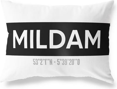 Tuinkussen MILDAM - FRIESLAND met coördinaten - Buitenkussen - Bootkussen - Weerbestendig - Jouw Plaats - Studio216 - Modern - Zwart-Wit - 50x30cm