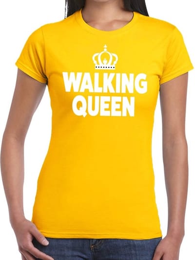 Walking Queen t-shirt - geel - voor dames - wandelaars - avondvierdaagse - feest kleding - sport - wedstrijd S