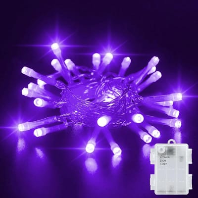 Paars Batterij Aangedreven Lichtsnoer met Timer 3 Meter 30 LED's Warm Wit Buitenverlichting