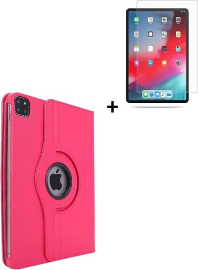 Ipad Pro 11 (2020) hoes Kunstleder Hoesje 360° Draaibare Book Case Bescherm Cover Hoes Roze + Screenprotector Tempered Glass
