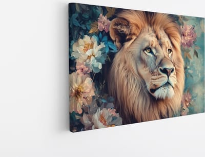 Saammp Canvas Schilderij - Leeuw met kleurrijke bloemen - Dieren - Abstract - 45x30 - Foto op canvas - Wanddecoratie - Muurdecoratie Woonkamer - Slaapkamer decoratie - Canvas Print