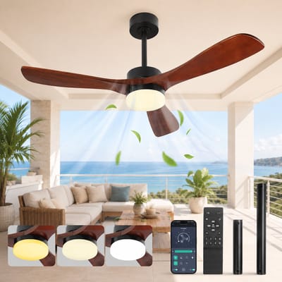 MUPOO hout Plafondventilator met Verlichting 106 cm -Stille DC Motor- Zomer- en Winterstand & Dimbare-APP & Afstandsbediening -6 Snelheden & Timer- Houten Bladen- plafonniere met ventilator voor Slaapkamer & Woonkamer