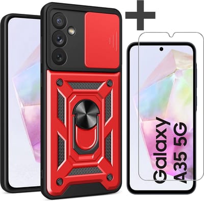 Hoesje met Screenprotector Geschikt voor Samsung Galaxy A35 Met draaibare Ringhouder en camera bescherming - Arara backcover - Rood