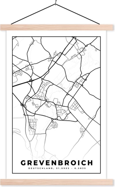 Posterhanger incl. Poster 40x60 cm - Schoolplaat - Grevenbroich - Plattegrond - Kaart - Stadskaart - Textielposter - Blanke latten - Stadskaart
