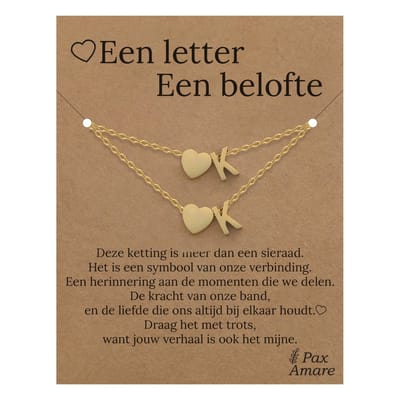 Letter K ketting + armband set op Cadeau Kaartje - Een letter, een belofte - Goudkleurig Stainless Steel - Initiaal & Hartje Hanger - Pax Amare
