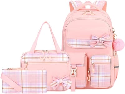 Ulisem - Rugzak voor meisjes – Schattige - waterdichte ruitjesrugzak met grote inhoud - preppy stijl met strik – Geschikt voor basisschool en middelbare school – Inclusief Kawaii-lunchbox en etui - Roze