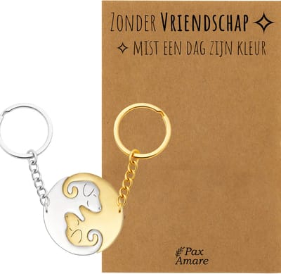 BFF Sleutelhanger voor 2 'Zonder Vriendschap mist een dag zijn kleur' - Schattige Hondjes - Sleutelhanger set op Cadeau Kaartje - Goudkleurig & Zilverkleurig - Vriendschap Symbool - Pax Amare
