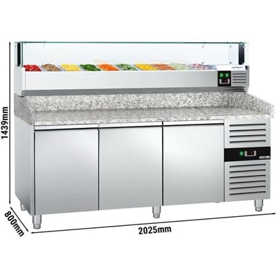 GGM Gastro Pizzakühltisch PREMIUM - 2000x800mm - mit 3 Türen - inkl. Kühlaufsatzvitrine LED - 10x GN 1/4 Zilver
