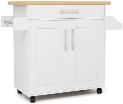 Keukeneiland - Verplaatsbaar - Keukenkast - Dressoir - Organizer - Kasten - Houten Werkblad - Lade - Naturel + Wit