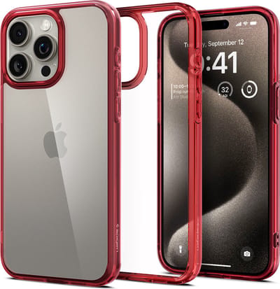 Spigen Ultra Hybrid Hoesje Geschikt voor Apple iPhone 15 Pro Max - Back Cover met Air Cushion - Transparant Rood
