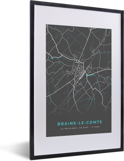 Fotolijst incl. Poster - België – Braine le Comte – Stadskaart – Kaart – Blauw – Plattegrond - 40x60 cm - Posterlijst