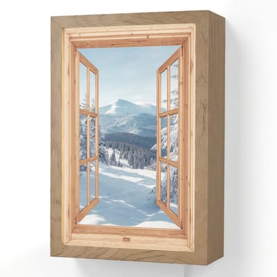 Wandlamp 20x30 cm - Oplaadbaar - Doorkijk - Winterlandschap - Natuur - Berg - Bomen - Hout - Wandlampen binnen woonkamer - Slaapkamer lamp met kabel - Decoratieve nachtlamp - Vloerlamp snoer