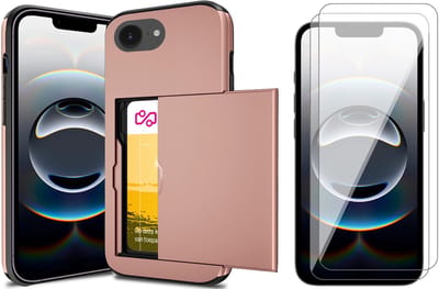 Hoesje met Pasjeshouder geschikt voor iPhone 16e - 2x Screen Protector GlassGuard - Back Cover SlideCase Roségoud & Screenprotector