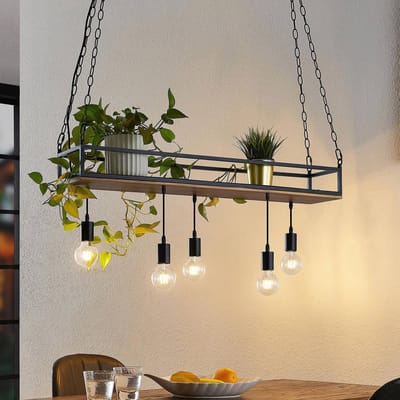 Lindby - hanglamp - 5lichts - IJzer, dennenhout - H: 15 cm - E27 - zwart, donkere grenen