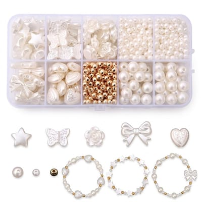 Wit kralen set sieraden maken dames DIY pakket met parel kralen mix hart ster bloem vormen inclusief opberg doos voor armband ketting telefoon hanger knutselen