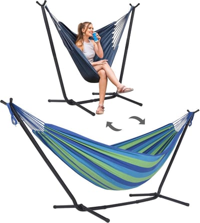 2-in-1 Hangmat met Standaard - Zware Tweepersoonshangmat, 215 kg Capaciteit - Blauw Gestreept
