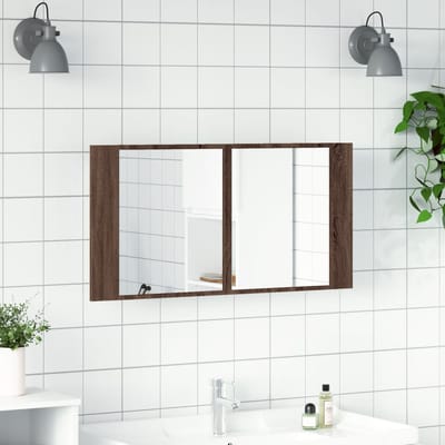 vidaXL - Badkamerkast - met - spiegel - en - LED - 90x12x45 - acryl - bruineikenkleur