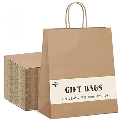 100 stuks bruine papieren zakken met handvat - 25x12x33 cm, milieuvriendelijk en veelzijdig voor geschenken en winkelen