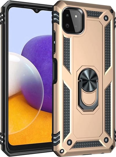 Hoesje Geschikt Voor Samsung Galaxy A22 5G hoesje Hybrid Armor Anti-Shock hoesje Goud - Galaxy A22 5G - A22 5G Hoesje kickstand Ring houder cover TPU backcover hoesje