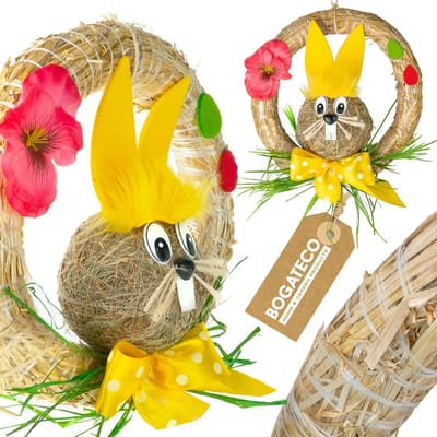 PAASKRANS VOOR DEUR AARDBEI KONIJN HANGENDECORATIE GEEL