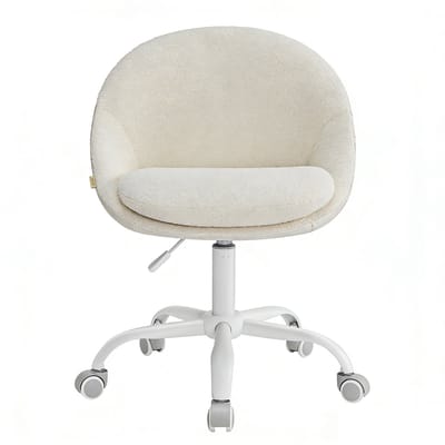 Bureaustoel Teddy Wit - Sherpa / Bouclé Stof - Verstelbare Bureaustoel zonder Armleuning - Kuipstoel op Wielen - Voor Home Office & Make-up Tafel - Scandi Design