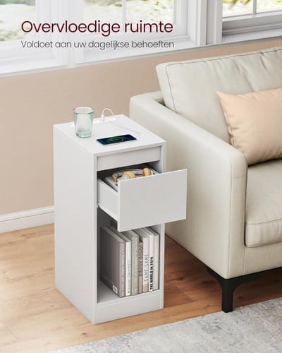 FurnStar - Nachtkastje - Slank bijzettafeltje met LED-verlichting - USB-A & USB-C poort - 1 lade & open vak - Voor slaapkamer & woonkamer - 30 x 25 x 59,5 cm - Wolkenwit