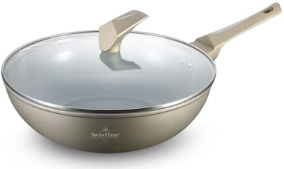 Swiss Haus® LW30CH Wokpan Inductie met Deksel - Ø 30 cm / 4.5 Liter - PFAS Vrij - Wokpannen Voor Alle Warmtebronnen - Wok Pan Met Sapphire™ Antiaanbaklaag - Champagne
