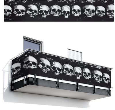 Balkonscherm 500x100 cm - Balkonposter Schedels - Zwart - Contrast - Balkon scherm decoratie - Balkonschermen - Balkondoek zonnescherm
