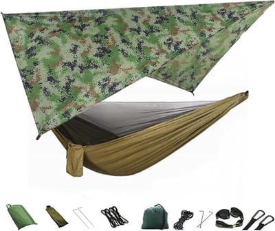 Hangmat Tent - Kampeerhangmat Reishangmat - Buiten Ontspannen - Versterkte Stiksels - 290 x 140 cm - Camouflage Groen