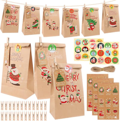 SnelShoppen - DIY Adventskalender voor Vullen met 24 Kraft Papieren Tassen, Zelfklevende Cijfers, Kerst Stickers, Houten Sticks en Jute Touw voor een