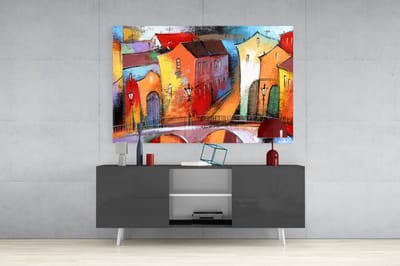 Glasschilderij - Kleurrijke Huizen -Wall Art - Woonkamer - Slaapkamer - Decoratie - 140x90 cm