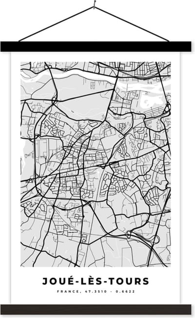 Posterhanger incl. Poster 40x60 cm - Schoolplaat - Kaart – Stadskaart – Joué-lès-Tours - Plattegrond – Frankrijk - Textielposter - Zwarte latten - Stadskaart