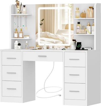 Sierra, Kaptafel met verlichting, instelbare helderheid, kaptafel met spiegel en stopcontact, make-uptafel met 7 lades, 4 planken en 5 haken, moderne dressoir, wit