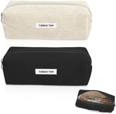 VVGoods - Corduroy pennenetui 2 stuks 19 x 6 x 7 cm - tieners - groot - esthetisch - melkwit/zwart
