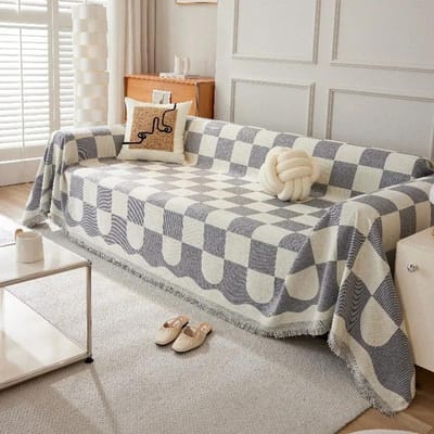 Zwart Wit Ruit Sofa Hoes, Sofa Deken, Volledige Hoes, Universele Bank Handdoek, Met Kwastjes Huisdecoratie, Woonkamer Decoratie 180x90cm 1pcs