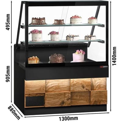 GGM Gastro Kühltheke TORONTO - 1300mm - Doppelverglasung - Holzfront - 2 Ablagen - schwarze Granit-Arbeitsplatte Zwart / Bruin