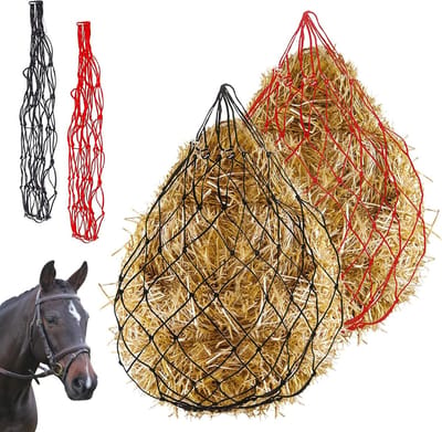 2 Stuks 36 Inch Ultra Langzame Voer Hooi Net, Grote Stevige Poly Hooi Voerzak voor Paarden, Vermindert Verspilling en Simuleert Weiden (Zwart, Rood)