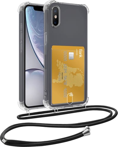 Hoesje Geschikt voor iPhone Xs Max Telefoonhoesje Met Koord Case Pashouder Siliconen - Hoes Geschikt voor iPhone Xs Max Hoesje Met Kaarthouder - Transparant
