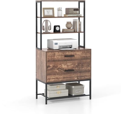 COSTWAY archiefkast, kantoorkast met 3 open planken en 2 laden, boekenkast, opbergrek voor woonkamer, slaapkamer, kantoor (rustiek bruin)